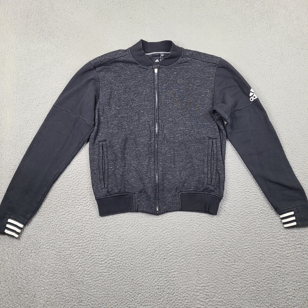 Adidas Track Jacket Mens Small Full Zip Bomber Gray Black Fleece